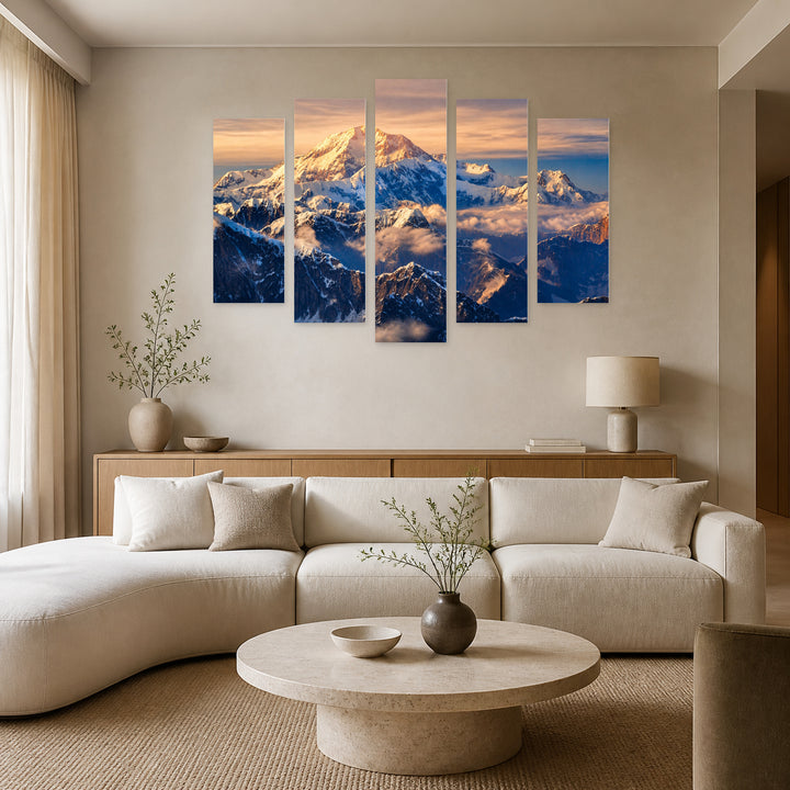 Denali in Blue and Gold — five-panel wall art in alternate frontal interior | 5wallart 53250 M4