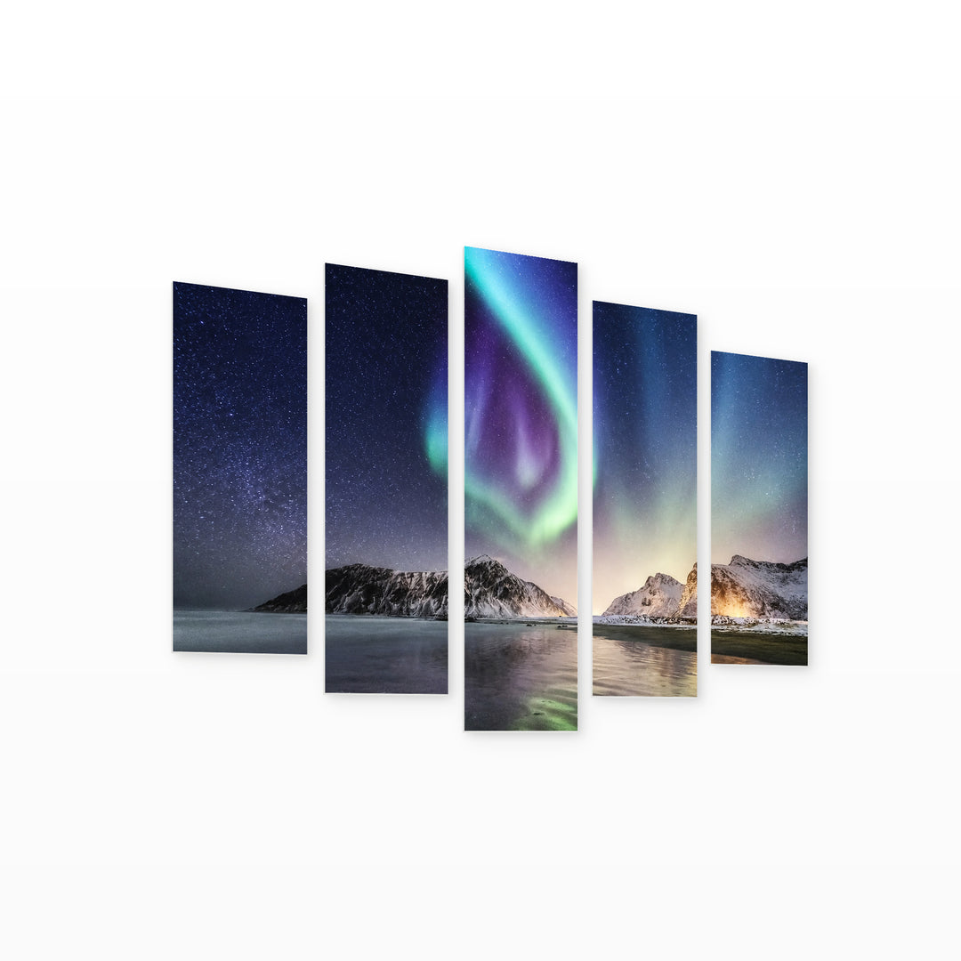 Northern Lights on the Arctic Beach at Night — five-panel wall art on white background in perspective | 5wallart 53270 M1