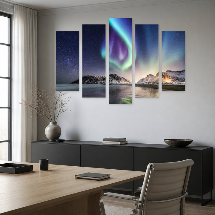 Northern Lights on the Arctic Beach at Night — five-panel wall art in frontal interior | 5wallart 53270 M3