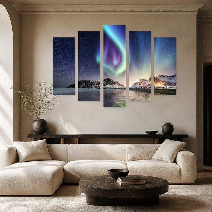 Northern Lights on the Arctic Beach at Night — five-panel wall art in alternate frontal interior | 5wallart 53270 M4