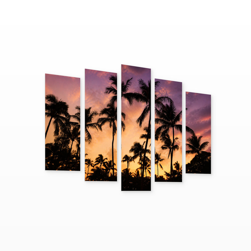 Silhouettes of Palm Trees at Golden Sunset — five-panel wall art on white background in perspective | 5wallart 53281 M1