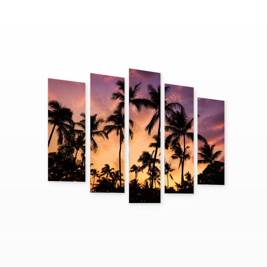 Silhouettes of Palm Trees at Golden Sunset — five-panel wall art on white background in perspective | 5wallart 53281 M1