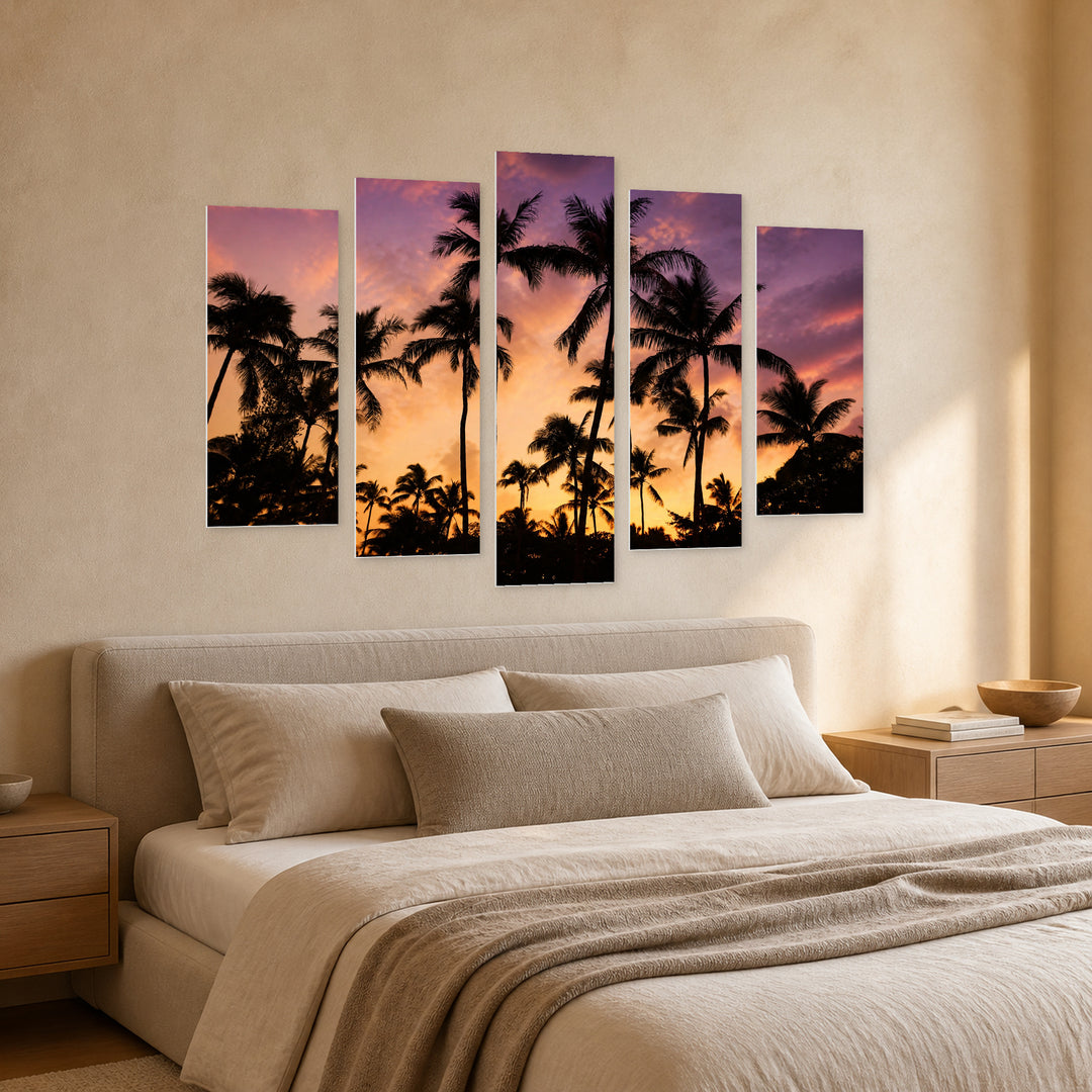 Silhouettes of Palm Trees at Golden Sunset — five-panel wall art in perspective interior | 5wallart 53281 M2