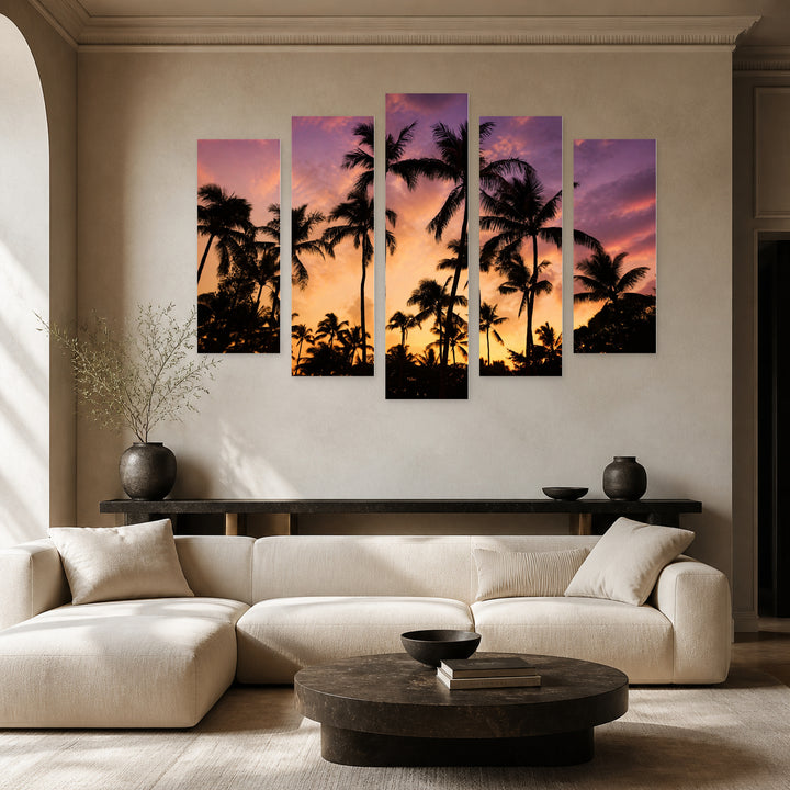 Silhouettes of Palm Trees at Golden Sunset — five-panel wall art in frontal interior | 5wallart 53281 M3