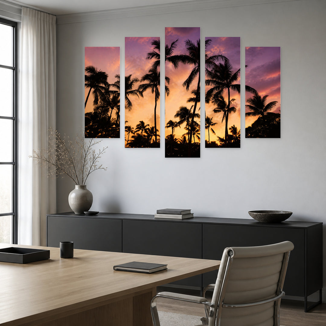 Silhouettes of Palm Trees at Golden Sunset — five-panel wall art in alternate frontal interior | 5wallart 53281 M4