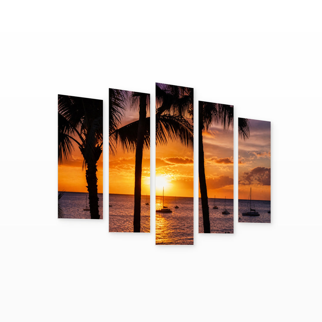 Hawaiian Seascape at Golden Sunset — five-panel wall art on white background in perspective | 5wallart 53292 M1