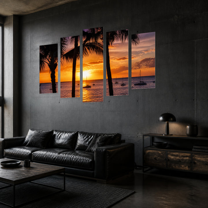 Hawaiian Seascape at Golden Sunset — five-panel wall art in perspective interior | 5wallart 53292 M2