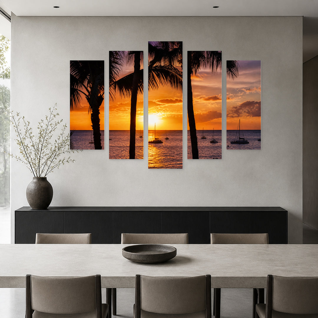 Hawaiian Seascape at Golden Sunset — five-panel wall art in frontal interior | 5wallart 53292 M3