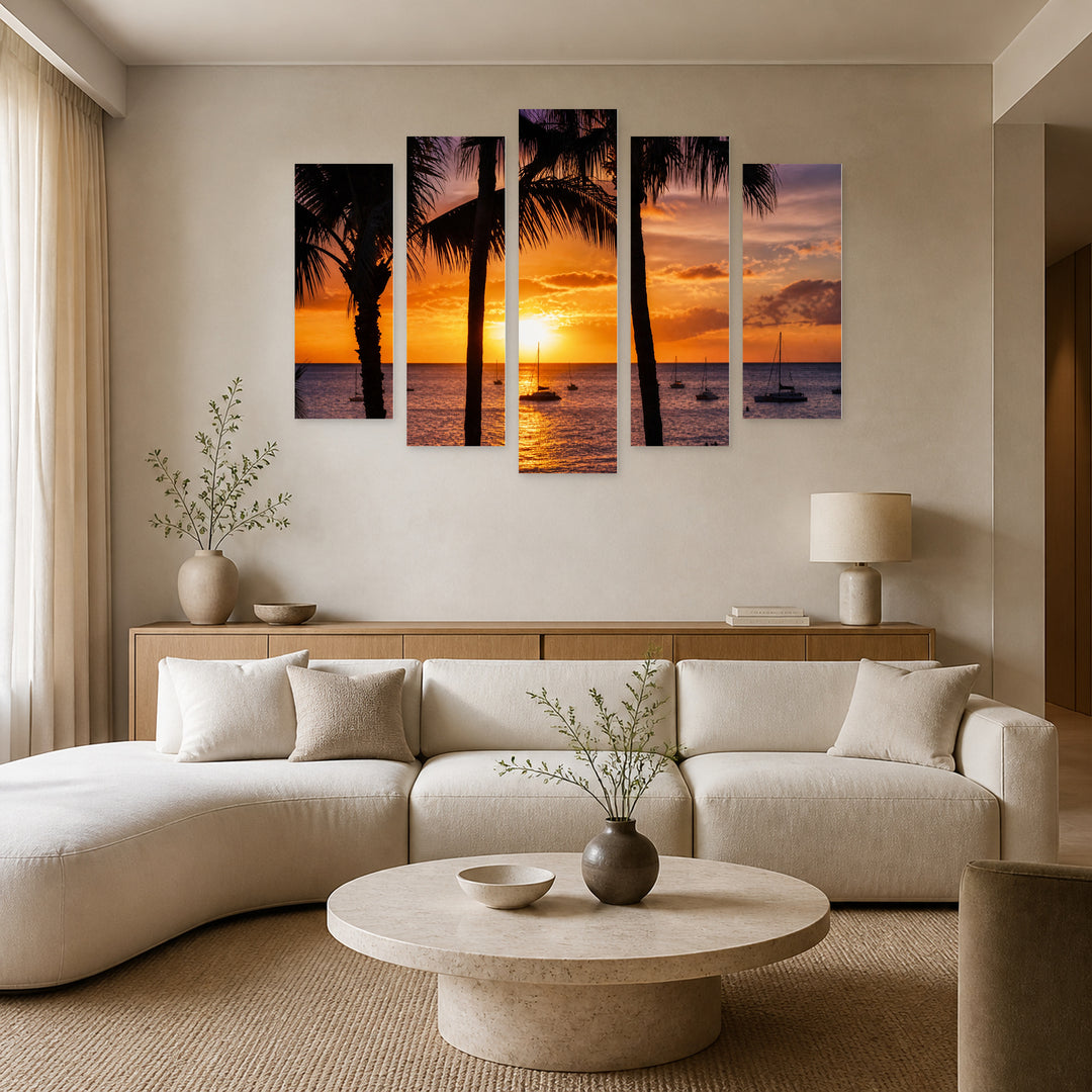 Hawaiian Seascape at Golden Sunset — five-panel wall art in alternate frontal interior | 5wallart 53292 M4