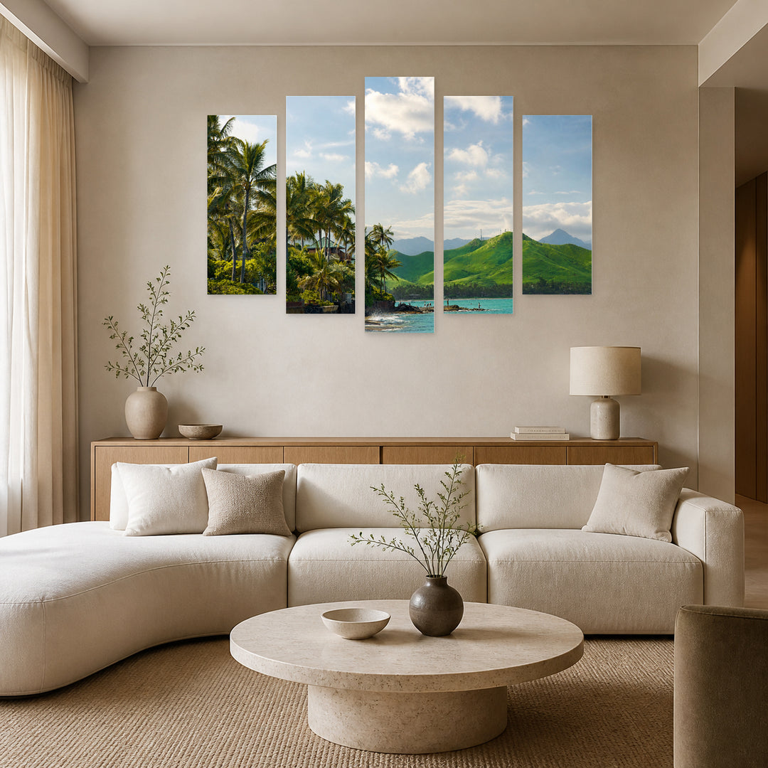 Lanikai Beach in Serene Light — five-panel wall art in alternate frontal interior | 5wallart 53296 M4