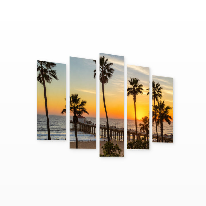 Palm Trees at Manhattan Beach in Serene Light — five-panel wall art on white background in perspective | 5wallart 53298 M1