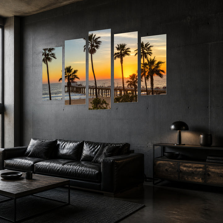 Palm Trees at Manhattan Beach in Serene Light — five-panel wall art in perspective interior | 5wallart 53298 M2