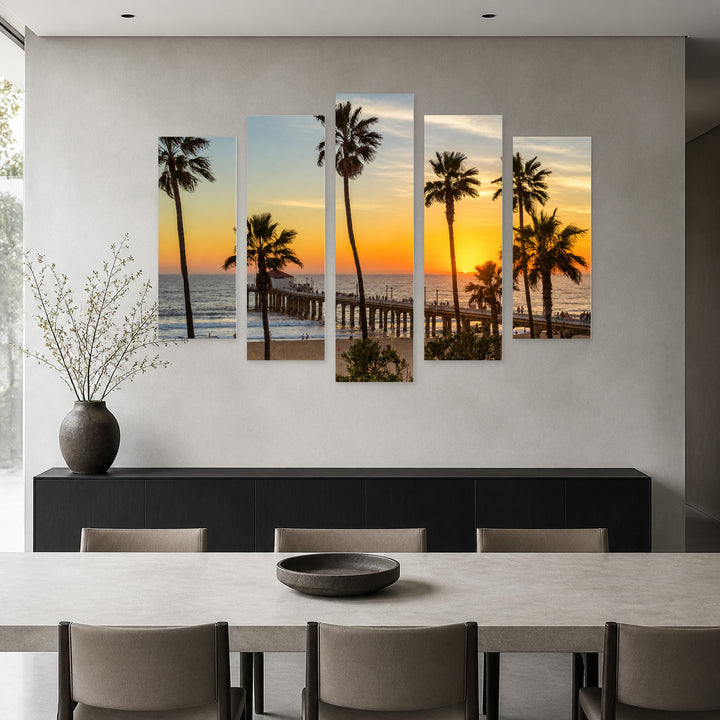 Palm Trees at Manhattan Beach in Serene Light — five-panel wall art in frontal interior | 5wallart 53298 M3