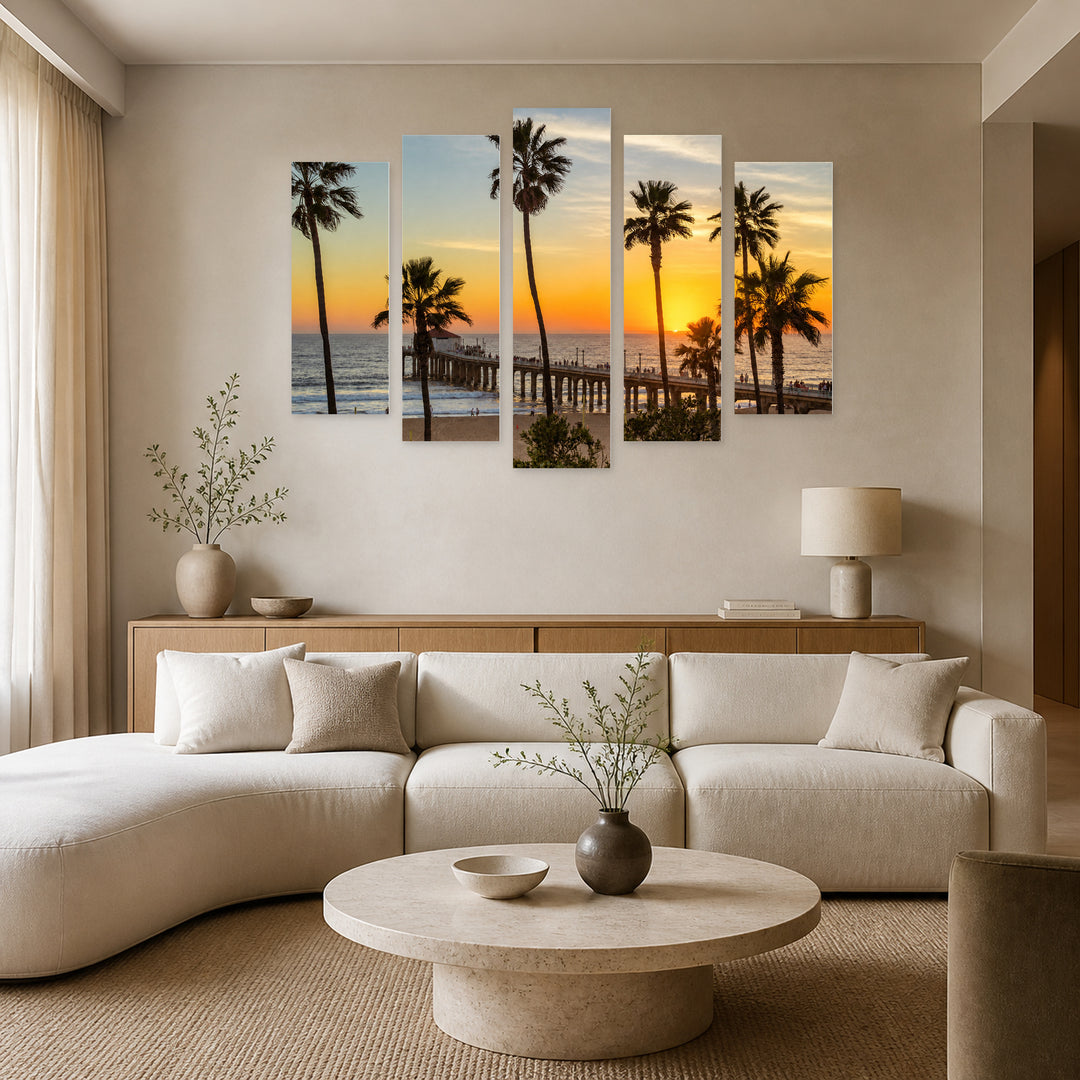 Palm Trees at Manhattan Beach in Serene Light — five-panel wall art in alternate frontal interior | 5wallart 53298 M4