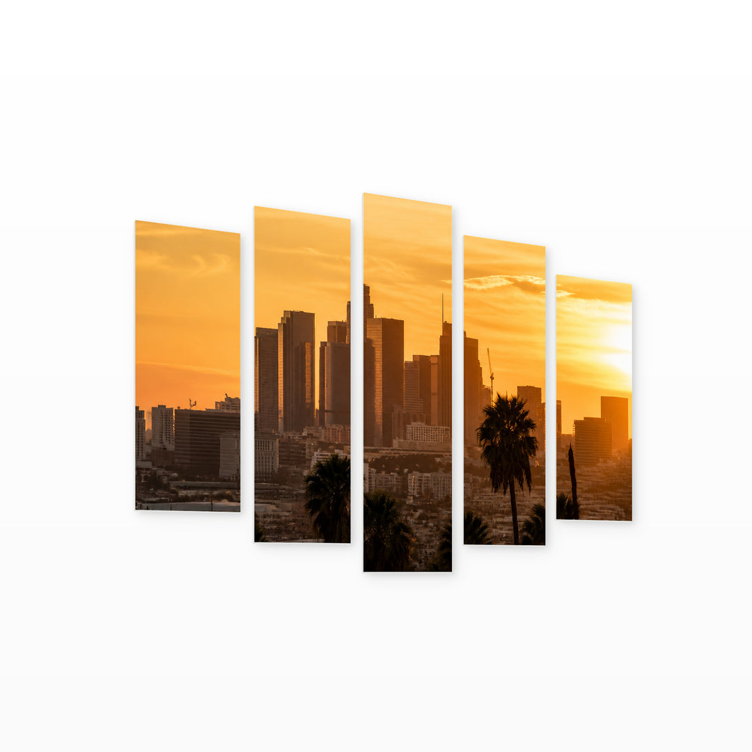 Golden Sunset over Los Angeles — five-panel wall art on white background in perspective | 5wallart 53304 M1