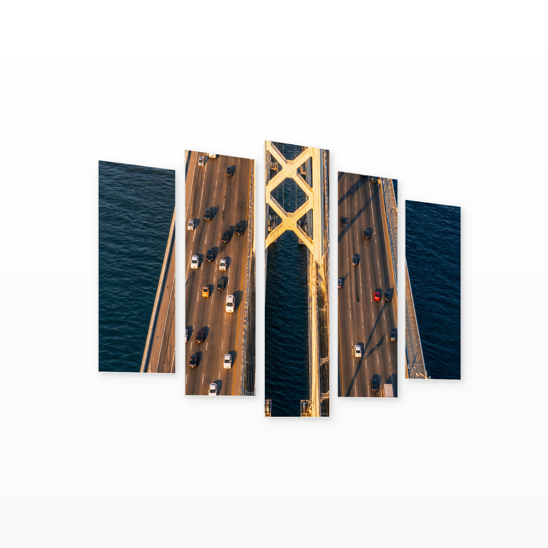 San Francisco-oakland Bridge in Blue and Gold — five-panel wall art on white background in perspective | 5wallart 53306 M1
