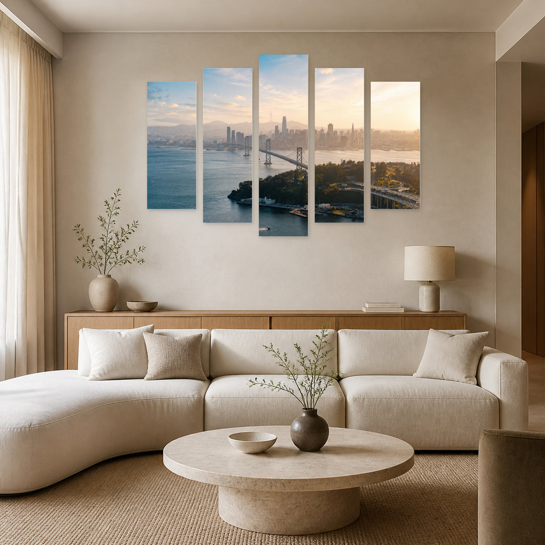 San Francisco Cityscape with Dreamlike Atmosphere — five-panel wall art in frontal interior | 5wallart 53307 M3