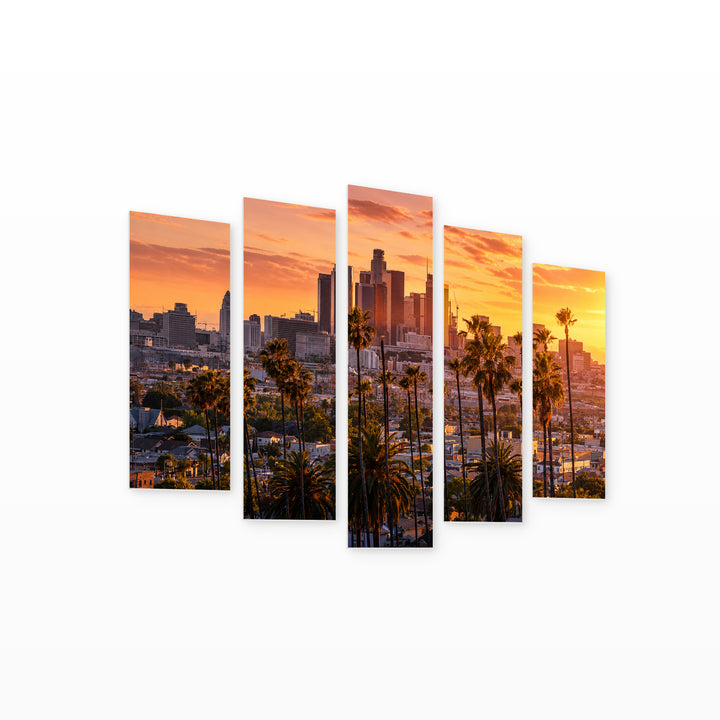 Sunset in Los Angeles in Vivid Color — five-panel wall art on white background in perspective | 5wallart 53312 M1