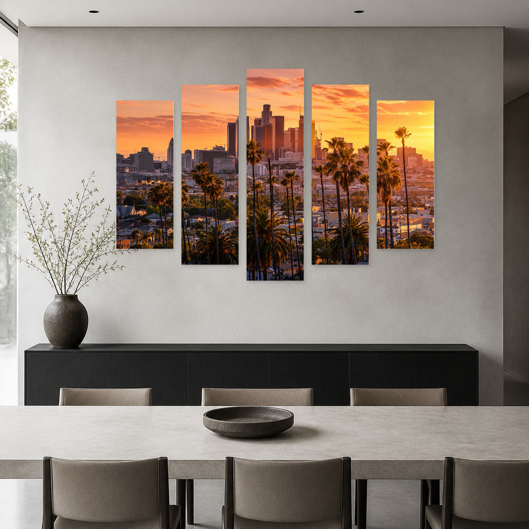 Sunset in Los Angeles in Vivid Color — five-panel wall art in frontal interior | 5wallart 53312 M3