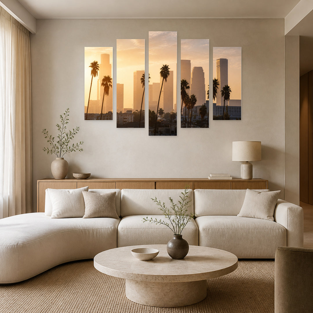 Morning Sunlight in Los Angeles with Dreamlike Atmosphere — five-panel wall art in frontal interior | 5wallart 53329 M3