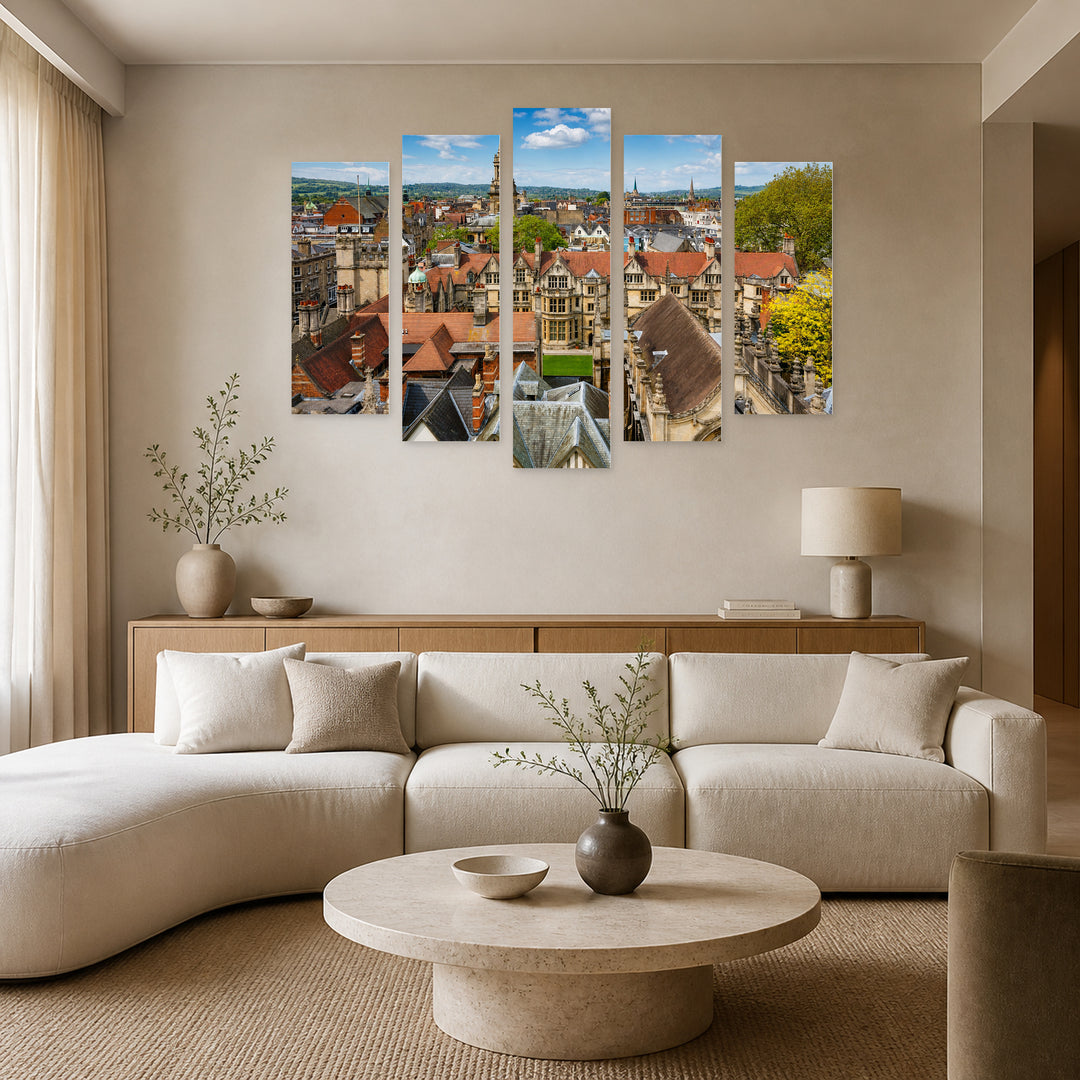 Oxford Cityscape in Blue and Gold — five-panel wall art in frontal interior | 5wallart 53347 M3