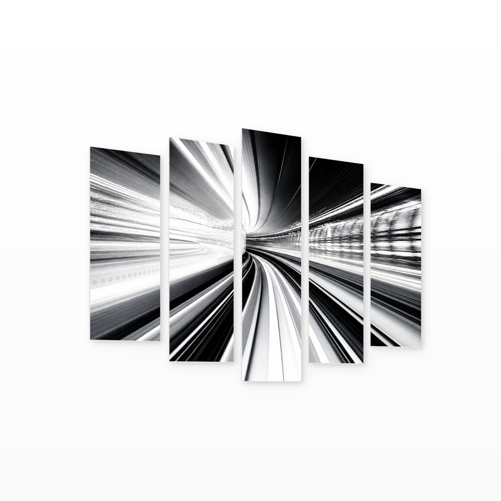 Abstract Black and White Tunnel with Geometric Rhythm — five-panel wall art on white background in perspective | 5wallart 53351 M1