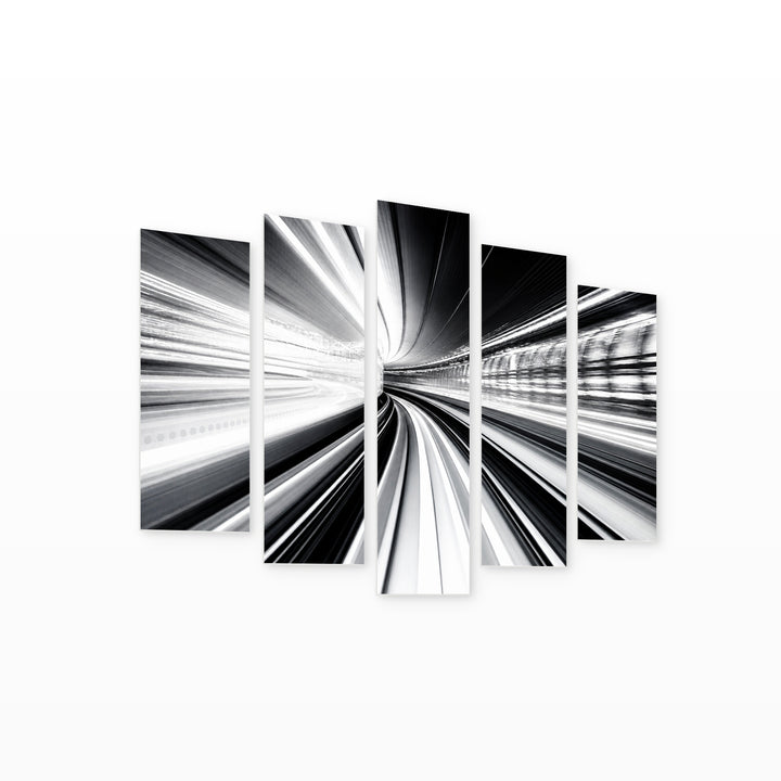 Abstract Black and White Tunnel with Geometric Rhythm — five-panel wall art on white background in perspective | 5wallart 53351 M1