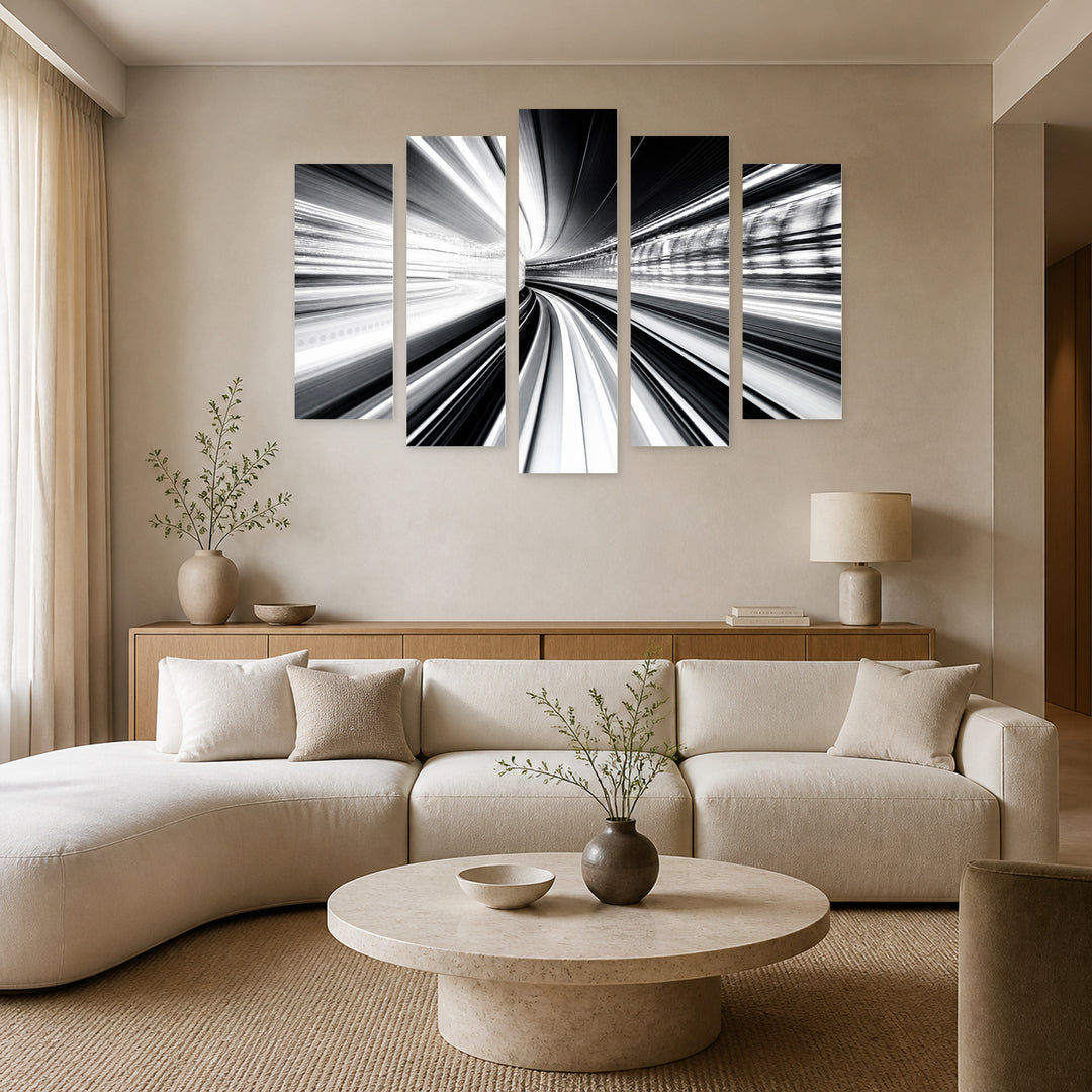 Abstract Black and White Tunnel with Geometric Rhythm — five-panel wall art in frontal interior | 5wallart 53351 M3