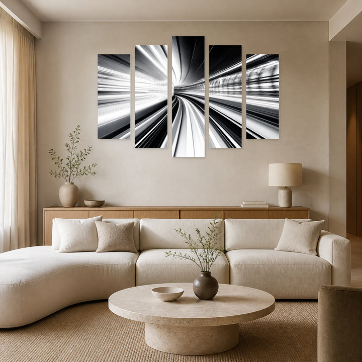 Abstract Black and White Tunnel with Geometric Rhythm — five-panel wall art in frontal interior | 5wallart 53351 M3