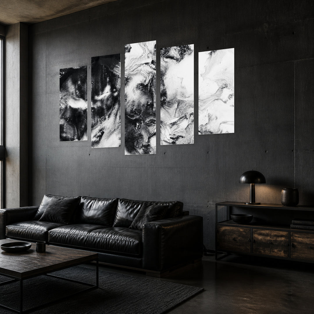 Abstract Acrylic Painting with Dramatic Contrast — five-panel wall art in perspective interior | 5wallart 53356 M2