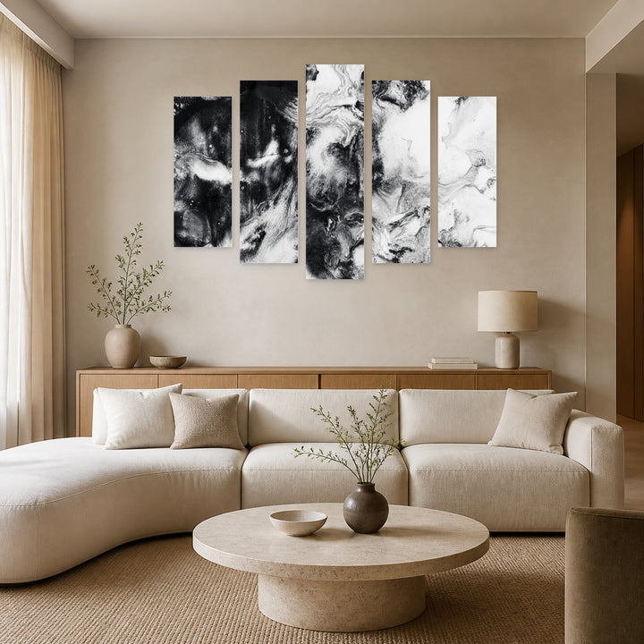 Abstract Acrylic Painting with Dramatic Contrast — five-panel wall art in alternate frontal interior | 5wallart 53356 M4