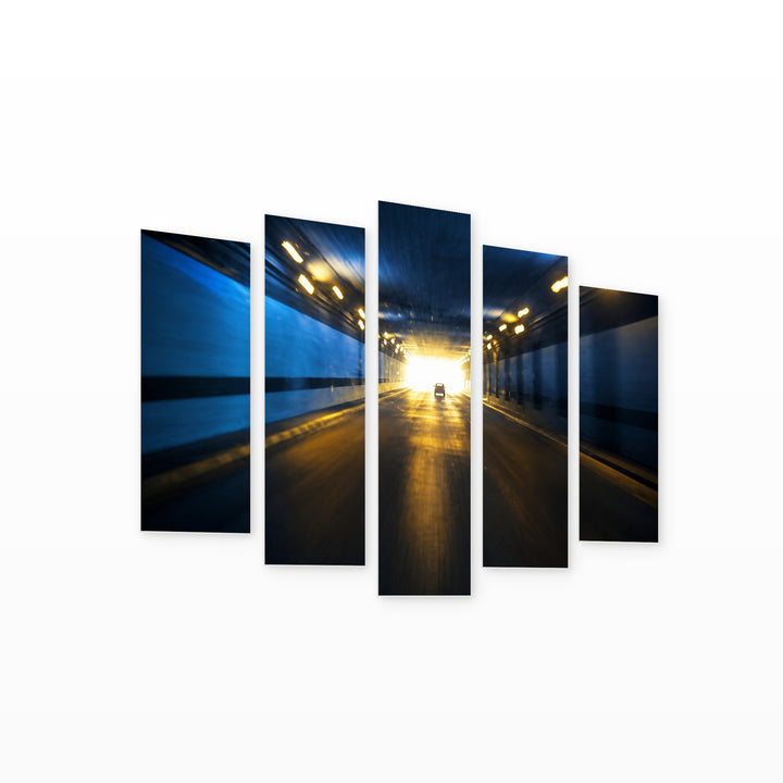 Highway Tunnel in Blue and Gold — five-panel wall art on white background in perspective | 5wallart 53362 M1