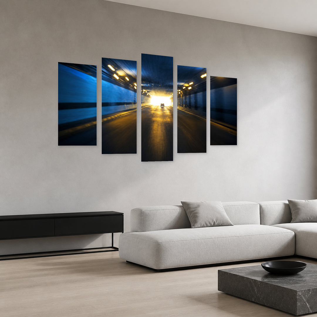 Highway Tunnel in Blue and Gold — five-panel wall art in perspective interior | 5wallart 53362 M2