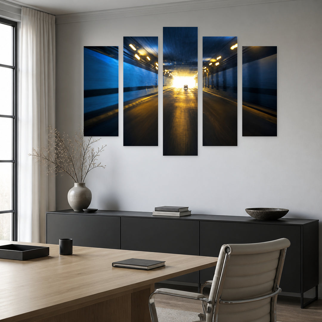 Highway Tunnel in Blue and Gold — five-panel wall art in frontal interior | 5wallart 53362 M3