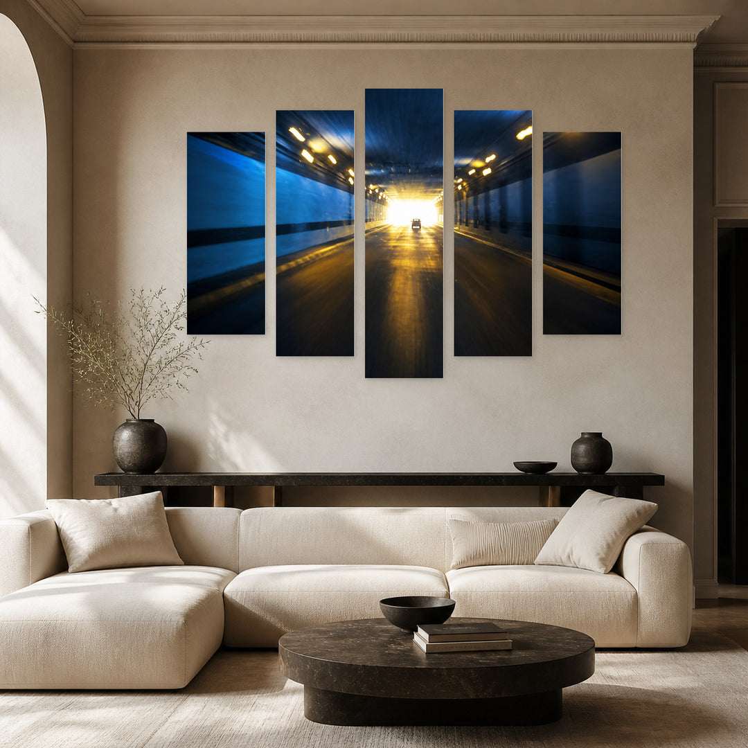 Highway Tunnel in Blue and Gold — five-panel wall art in alternate frontal interior | 5wallart 53362 M4