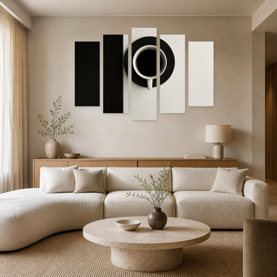 Minimalist Coffee Background Still Life — five-panel wall art in alternate frontal interior | 5wallart 53366 M4