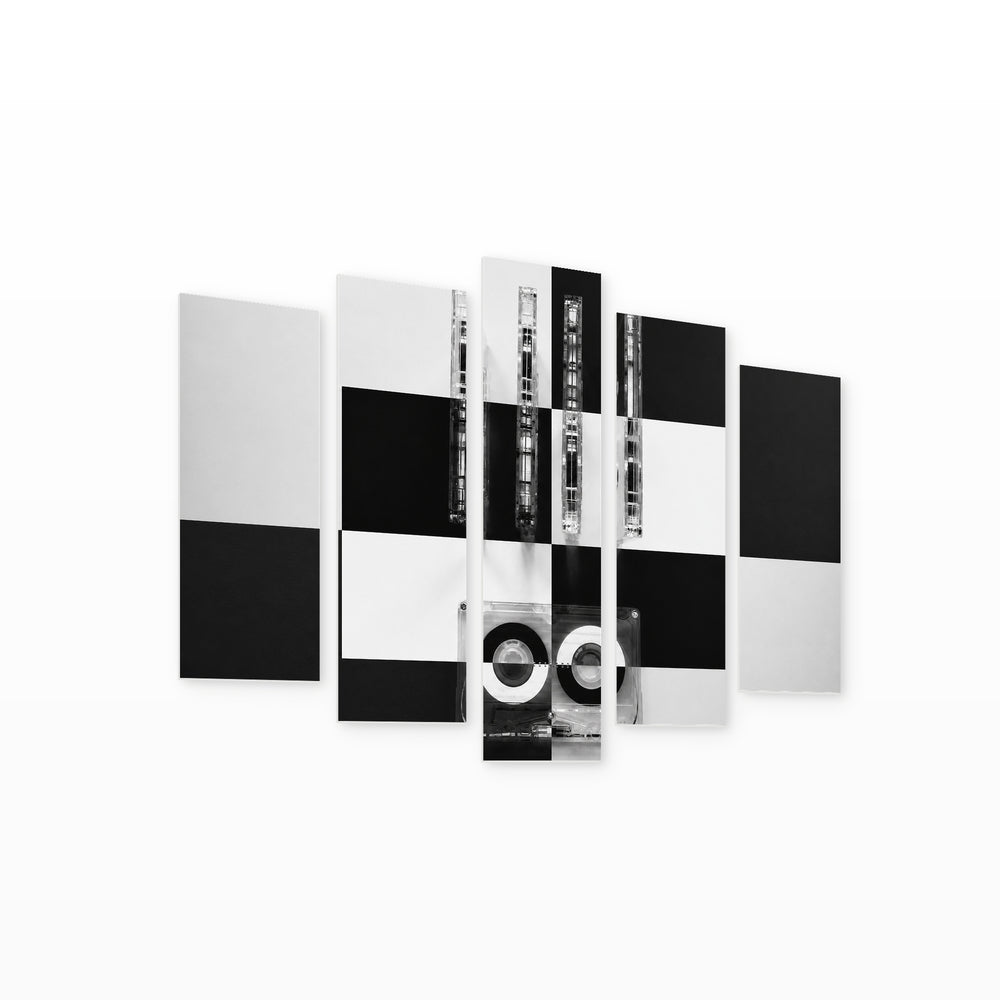 Audio Cassettes for Recorder with Geometric Rhythm — five-panel wall art on white background in perspective | 5wallart 53367 M1