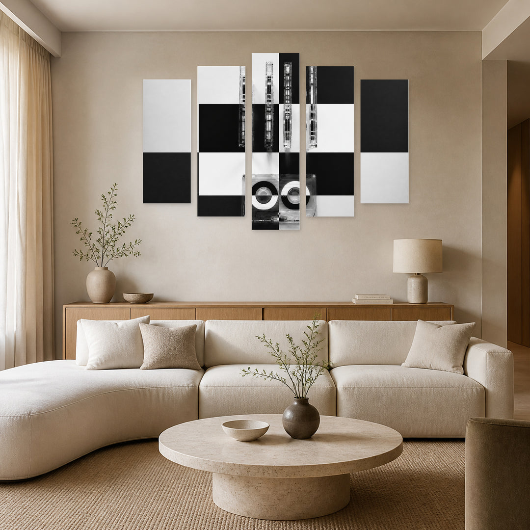 Audio Cassettes for Recorder with Geometric Rhythm — five-panel wall art in frontal interior | 5wallart 53367 M3