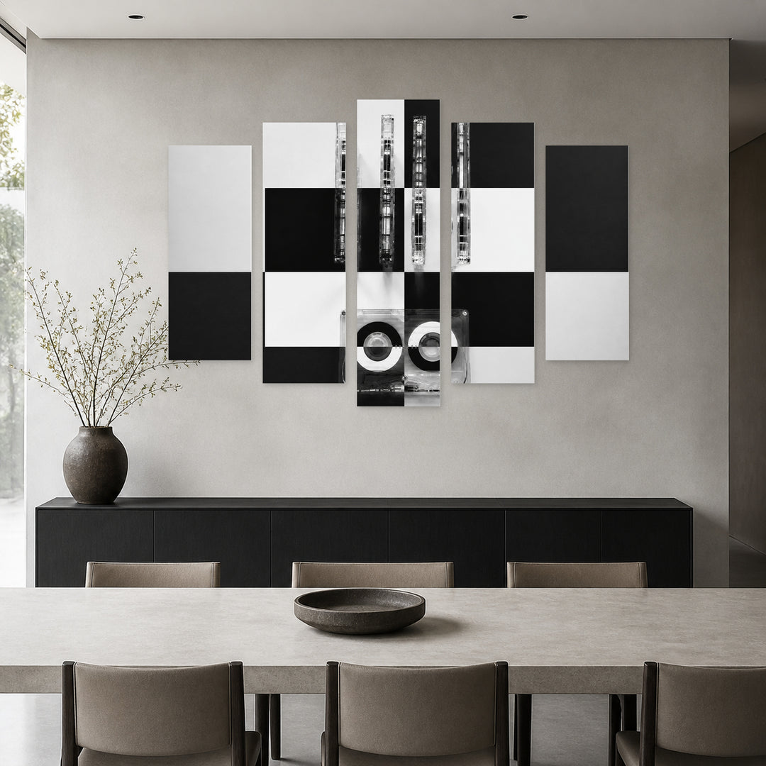 Audio Cassettes for Recorder with Geometric Rhythm — five-panel wall art in alternate frontal interior | 5wallart 53367 M4