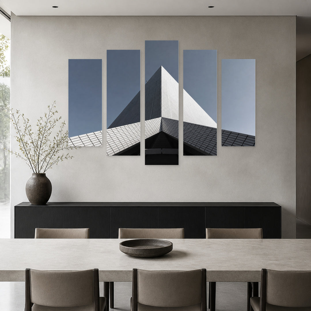 Modern Building with Geometric Rhythm — five-panel wall art in alternate frontal interior | 5wallart 53373 M4