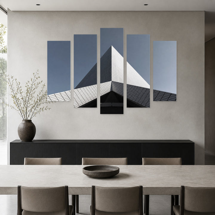 Modern Building with Geometric Rhythm — five-panel wall art in alternate frontal interior | 5wallart 53373 M4