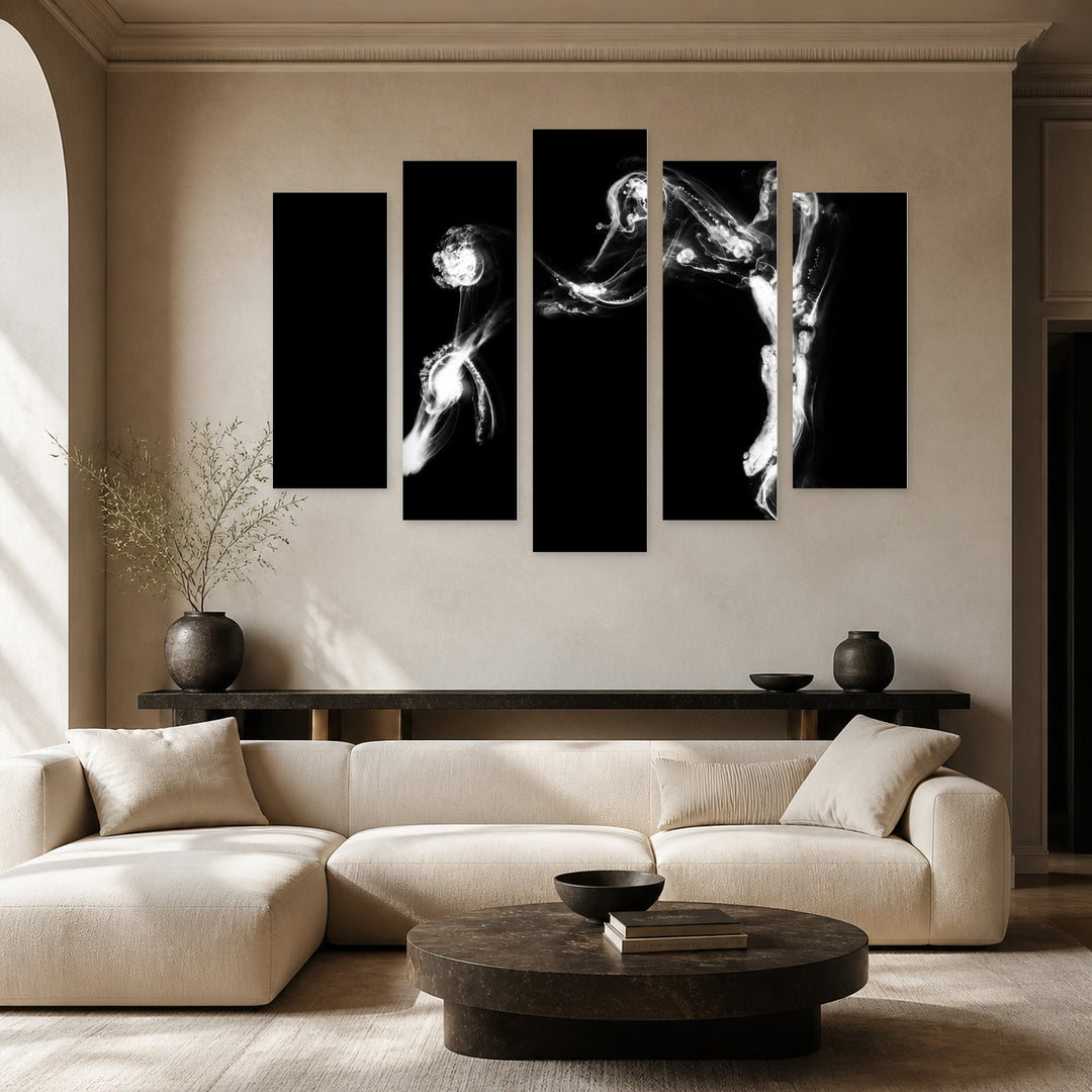 Liquid Paint in Water in Serene Light — five-panel wall art in alternate frontal interior | 5wallart 53386 M4