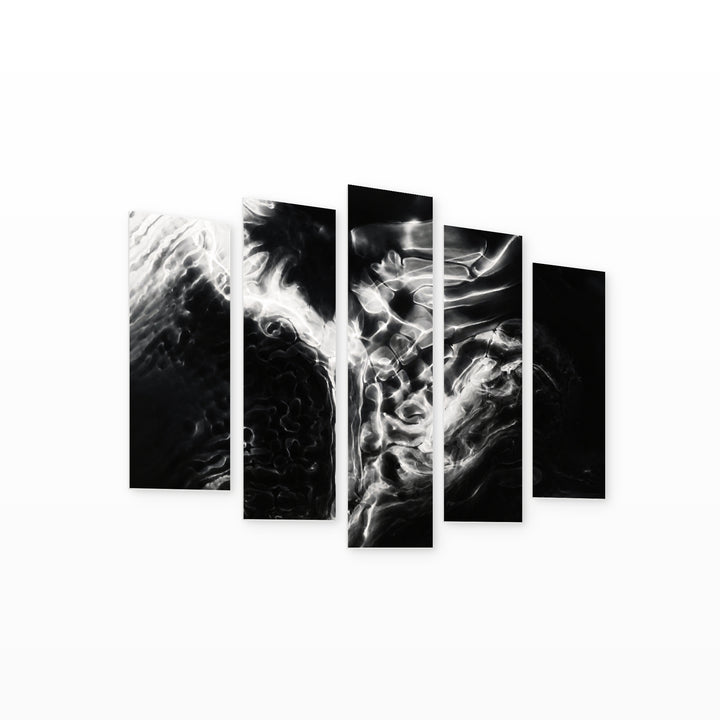 White Abstract Liquid Paint in Serene Light — five-panel wall art on white background in perspective | 5wallart 53387 M1