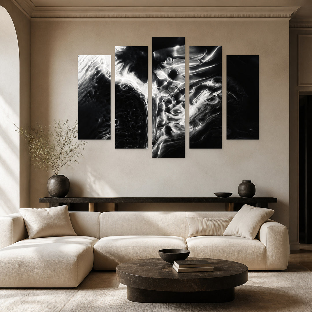White Abstract Liquid Paint in Serene Light — five-panel wall art in frontal interior | 5wallart 53387 M3