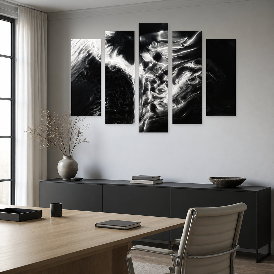 White Abstract Liquid Paint in Serene Light — five-panel wall art in alternate frontal interior | 5wallart 53387 M4