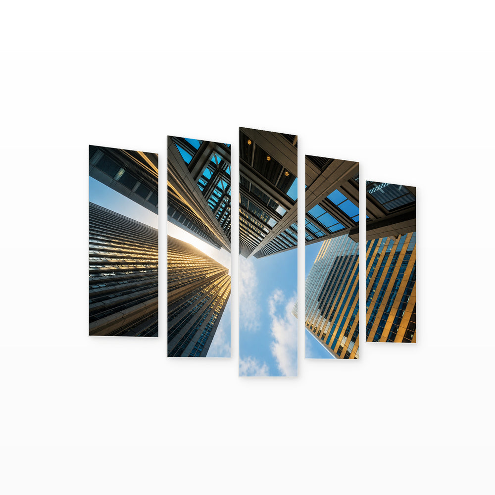 Tall Buildings in Blue and Gold — five-panel wall art on white background in perspective | 5wallart 53395 M1
