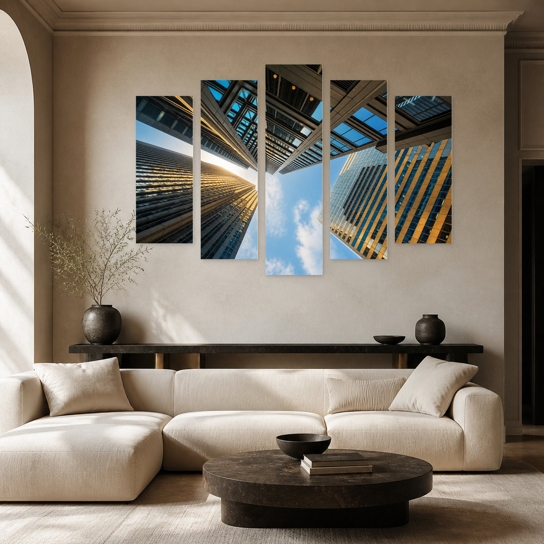 Tall Buildings in Blue and Gold — five-panel wall art in frontal interior | 5wallart 53395 M3