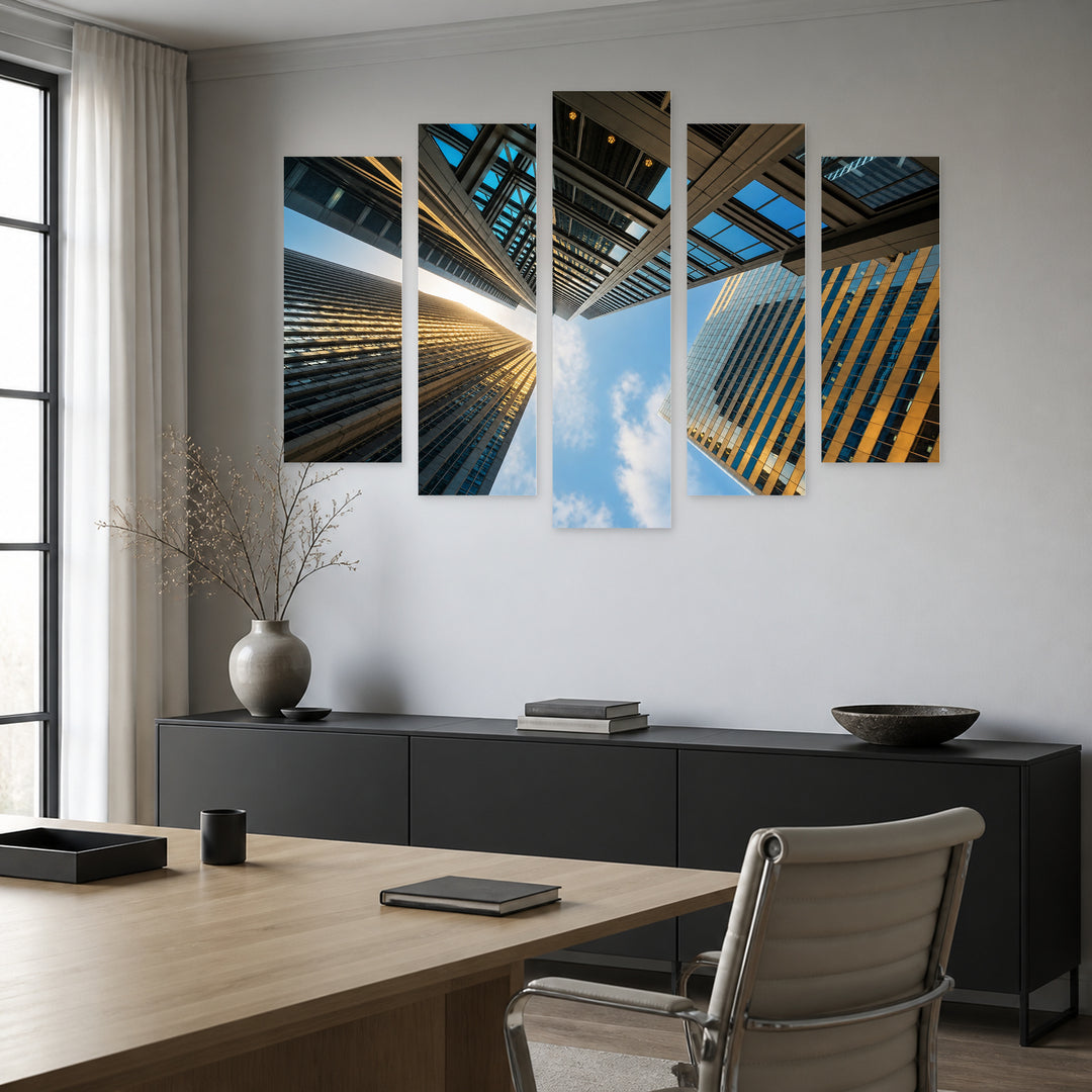 Tall Buildings in Blue and Gold — five-panel wall art in alternate frontal interior | 5wallart 53395 M4