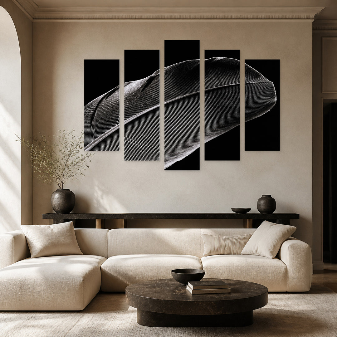 Fragment of a Bird Feather with Dreamlike Atmosphere — five-panel wall art in frontal interior | 5wallart 53399 M3