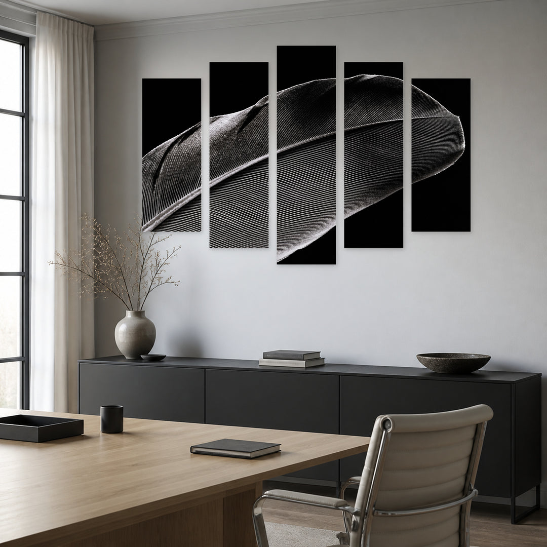 Fragment of a Bird Feather with Dreamlike Atmosphere — five-panel wall art in alternate frontal interior | 5wallart 53399 M4